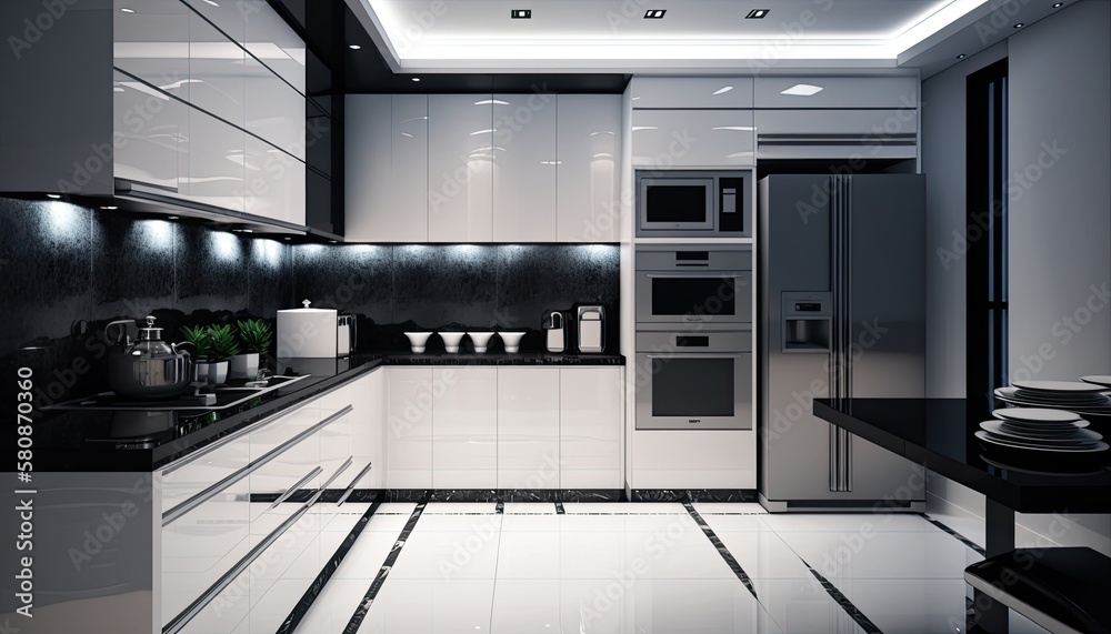 modern white kitchen with black appliances