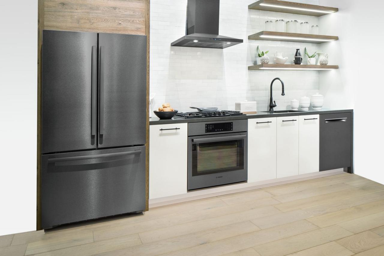 modern white kitchen with black appliances